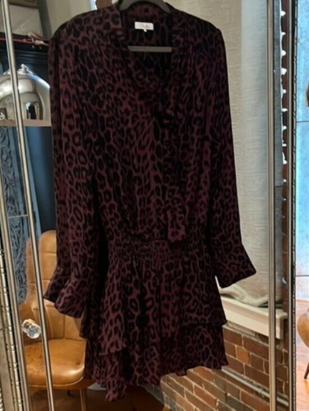 Parker Black Purple Leopard Print Long Sleeve Ruffle Mini Dress S - Picture 2 of 6